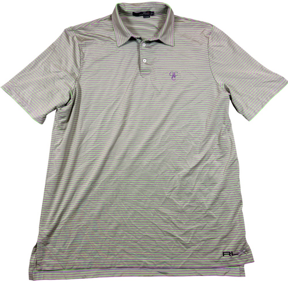 RLX Ralph Lauren Mens Golf Polo‎ Shirt XL Green Purple Striped Performance Logo